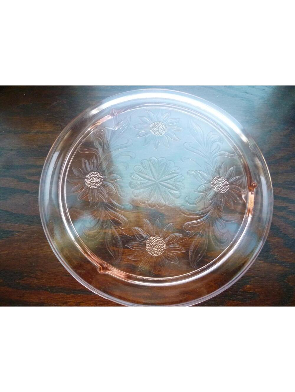 Jeannette Glass Pink Depression Sunflower Pattern Footed Cake Plate